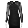 Detail of black mesh long sleeve dress showing sheer fabric and side ruched texture - S / Black