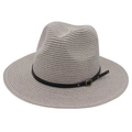 Cappello Panama classico in paglia grigio chiaro con cintura in pelle nera e fibbia oro - Taglia Unica (Paglia Piatta) / Grigio (Fascia in Pelle Nera)