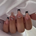 Press-on nails in black, nude and silver glitter with rhinestones on long trapezoid shape - BZ1435 Black French Rhinestone / Jelly Glue + Nail File