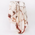 Detail of satin square scarf with vintage equestrian print and red-green stripes - 90x90cm / Beige (D9019)