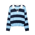 Close-up of the striped knit polo shirt with white collar and deep V-neckline detail - S / White Collar Blue Stripe