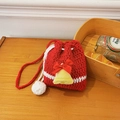 Handmade red and white crochet Christmas drawstring bag with yellow bell and white pom pom - Red Bell Style