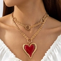 Double-layered golden necklace featuring a vibrant red heart pendant on a link chain - Red (Gold Loop Chain Red Heart)
