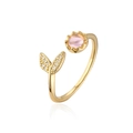 Minimalistischer 18K vergoldeter offener Ring mit rosa Edelstein und Zirkonia-Blatt - Einstellbar Offen / Rosa Stein Blatt (12887)