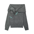 Elegant off-shoulder grey knit top with a large bow and turquoise contrast edge detailing - S / Gray