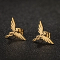 Golden angel wing earrings with DNA double helix design in a professional studio view - DNA Double Helix / Gold