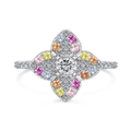 S925 sterling silver ring with colorful square gemstones in a floral star arrangement - Multicolor Four-Leaf Clover Style (DY120748)