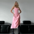 Pink textured halter midi dress with high side slit and cinched waist for spring fashion - XS / Pink