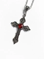 Close-up of vintage silver cross necklace with a faceted red gemstone on white background - Silver Faceted Cross - Red Gemstone(AQ-1632)