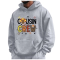 Grauer Kapuzenpullover mit buntem Cousin Crew Aufdruck und herbstlichen Feiertagsmotiven - S / Cousin Crew Truthahn Druck / Grau