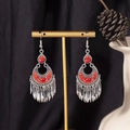 Bohemian retro silver drop earrings featuring vibrant red beads and long metal tassels - S4287-2 Red Seed Bead Tassel Earrings