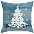 Blauwe kerstkussensloop met witte boom en Get Cozy tekst in vierkant feestelijk design - Kerstboom - Get Cozy