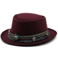 Flat top burgundy wool fedora hat with ethnic beads, turquoise and fringe tassels - M (56-58cm) / Burgundy