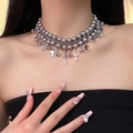 Gothic multi-layer grey pearl necklace with cross pendants and tassel bells - 14# Necklace—Cross Bell