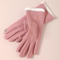 Gants d'hiver roses tactiles pour femmes avec nœud, poignets en peluche et doublure polaire - Papillon Bord Fourrure Blanche - Poil de Lapin Rose
