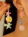 Boucles d'oreilles asymétriques thème océan avec étoiles, coquillages et perles - Boucles d'Oreilles Clous Étoile de Mer Perle Argent Brillant (12427)