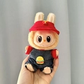 Plush doll in red French fries hat and burger denim overalls for Labubu pendant - Red Hat Burger Set / First And Second Generation Keychains Are Compatible With La Cloth Dolls. Dolls Not Included.