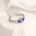 Silver chain style open ring with blue enamel evil eye charm for men and women - Adjustable Open / Steel Color Evil Eye Blue
