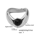 Polished silver stainless steel ring featuring a round black agate stone inlay - US 7 / A782-Steel-Agate