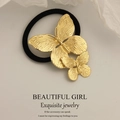 Minimalist double gold butterfly metal hair tie with high elastic black band for women - Large/Small Double Butterfly Gold