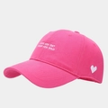 Detail of pink cotton baseball cap with white heart embroidery and slogan on the side - Adjustable / Rose Red