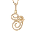 Macro shot of gold plated cursive initial pendant with micro paved sparkling zircon stones - G (Gold)