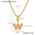 Gold letter W pendant necklace with micro-paved zircons and 56cm box chain link - Letter W Necklace