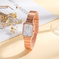 Detail of rose gold rectangular watch with Roman numerals and metal bamboo link strap - White Dial / Rose Gold (HS2512-897-01)