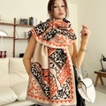 Thick cashmere-feel shawl in beige with orange ethnic patterns and tassel edges - Totem Steed-Orange