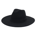 Detail of elegant black wool fedora with a matching ribbon bow on wide brim - Black