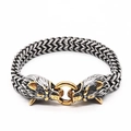 Silver and gold viking wolf head bracelet with woven stainless steel chain - 19cm / Gold/Silver