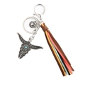 Bohemian bull head keychain with turquoise stone and colorful leather tassels - Brown Multicolor