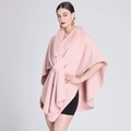 Pale pink faux fur trim knit poncho cardigan with elegant tie collar and pom-poms - Pink