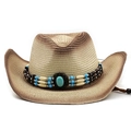 Détail du chapeau de cowboy en paille avec pierre turquoise et ruban perlé bohème - M (56-58cm) / Beige Naturel Style Bohème à Perles (01)
