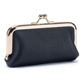 Mini black lychee pattern leather coin purse with a gold metal kiss-lock closure frame - Black