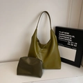 Olive green large capacity retro bucket bag with decorative studs and inner pouch - Green with Studs