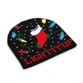 Black Christmas beanie with festive sock pattern and Light It Up text embroidery - Black-Light It Up Socks Design (#3)