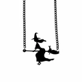 Gothic black witch and cat silhouette pendant necklace on minimalist black chain - Witch Broom
