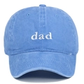 Detail of white embroidered dad text on washed blue cotton baseball cap surface - DAD / Light Blue