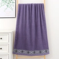Thick dark purple cotton bath towel with geometric jacquard border hanging in bathroom - Geometric Ethnic Pattern Hand Towel (Purple Grey) / 34*74cm