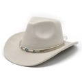 Detail view of suede cowboy hat with woven band featuring blue evil eye beads - M (56-59cm) / Beige (Suede)