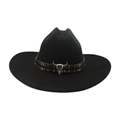 Black felt cowboy hat with colorful ethnic band and silver bull skull ornament - Black