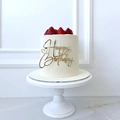 Golden acrylic Happy Birthday cake topper topper on a fresh strawberry cake - Design No.15 / Gold