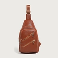Brown lychee leather sling bag with gold zippers and adjustable shoulder strap - Tan