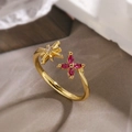 18K gold plated flower ring with red marquise gems and white zircon star accents - Star Flower Red (13925)