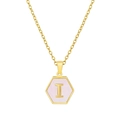 Gold hexagon necklace with pink shell inlay and initial letter I pendant detail - Pink Shell I