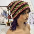 Pink and green striped crochet cat ear beanie with star details and tassels - Black Pink Striped Star Pom Poms