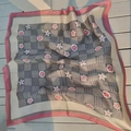 Pink floral checkerboard silk square scarf with satin border and sweet floral pattern - Pink Grass Square Scarf / 65