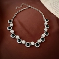 Detail of vintage silver necklace featuring black square gems and sparkling rhinestones - Silver Black Inlaid Geometric Necklace