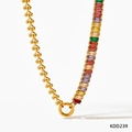 Gold beaded chain necklace with multi-color rectangular zircon stones and OT clasp - Gold Multi-color Zirconia Style (KDD239)